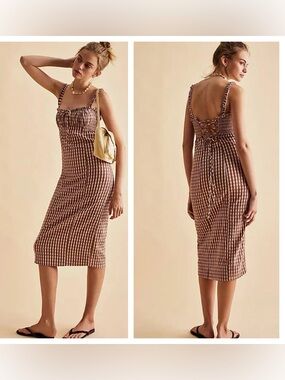 New Free People Lucinda Plaid Printed Midi Dress- Lavender Combo